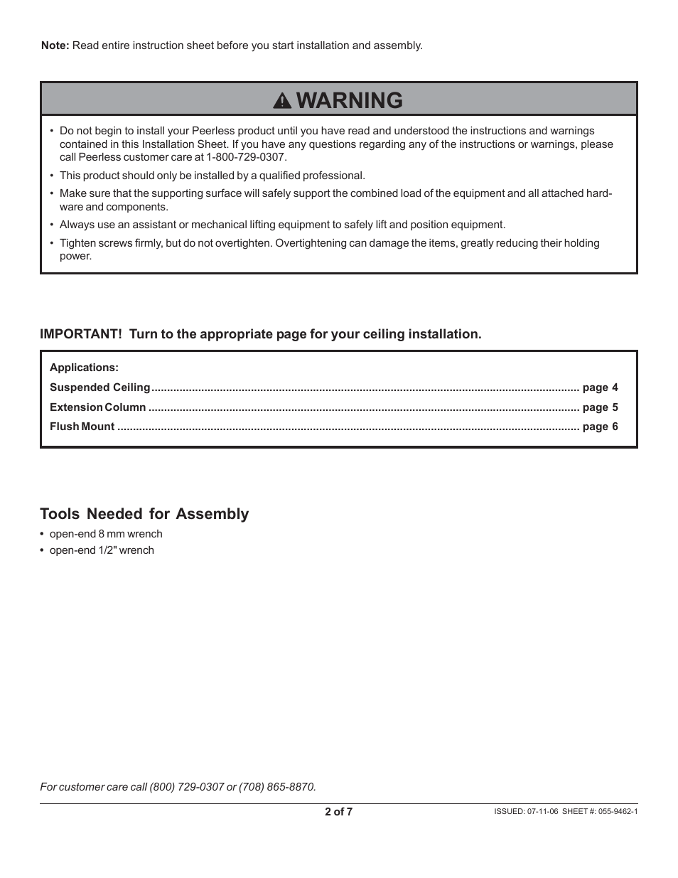 Warning, Tools needed for assembly | Peerless-AV PE1120-W - Installation User Manual | Page 2 / 7