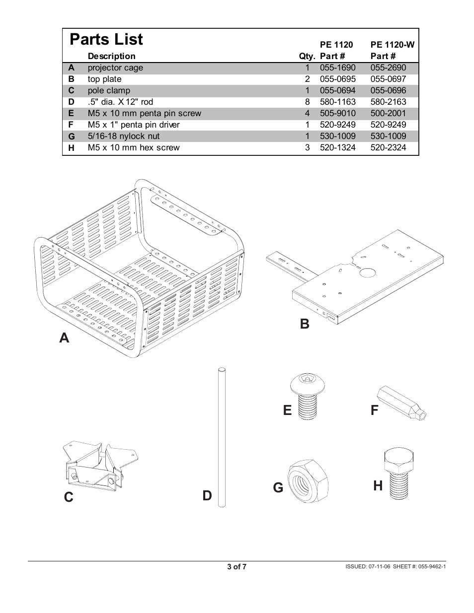 Parts list | Peerless-AV PE1120-W - Installation User Manual | Page 3 / 7