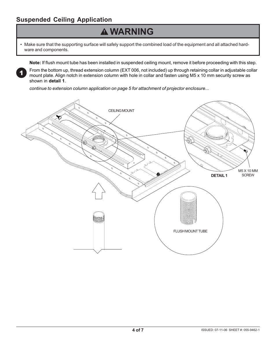 Warning, Suspended ceiling application 1 | Peerless-AV PE1120-W - Installation User Manual | Page 4 / 7