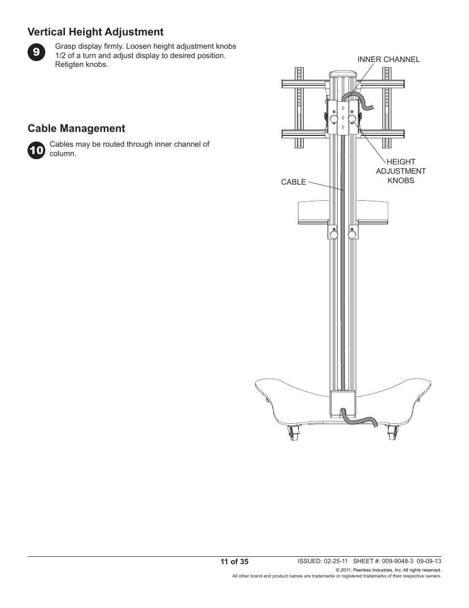 Vertical height adjustment cable management | Peerless-AV SC550 - Installation User Manual | Page 11 / 35