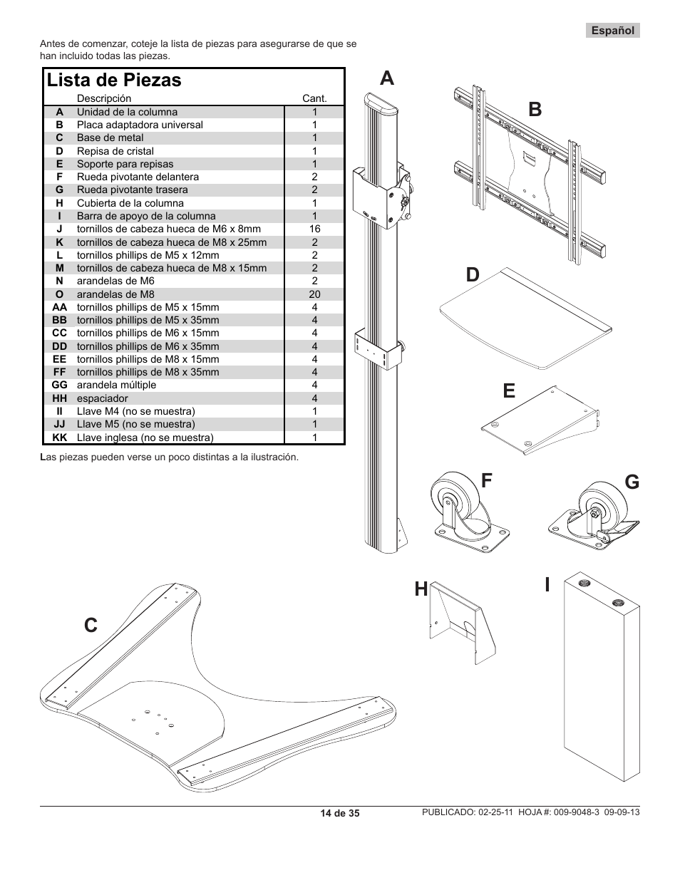 Parts list lista de piezas | Peerless-AV SC550 - Installation User Manual | Page 14 / 35