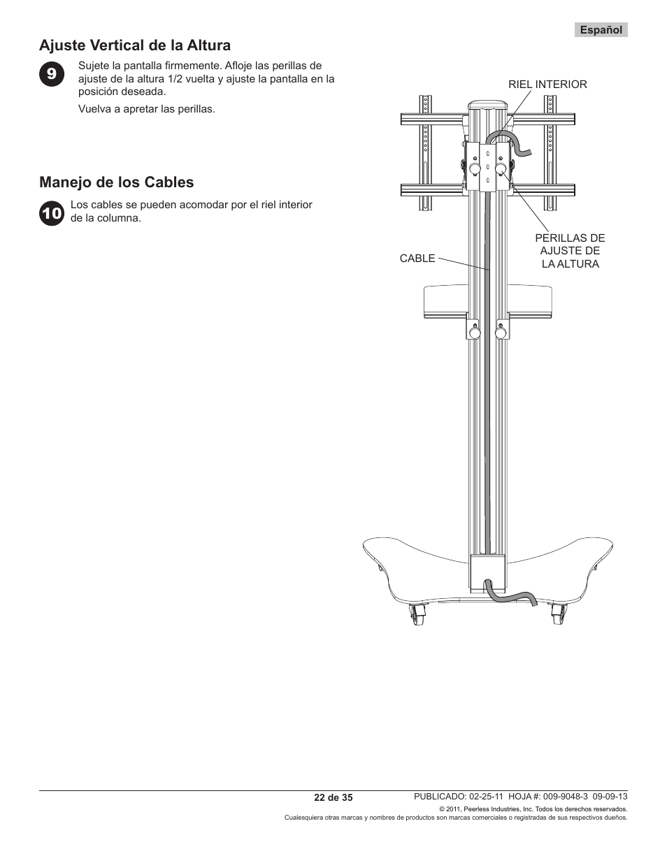 Ajuste vertical de la altura manejo de los cables | Peerless-AV SC550 - Installation User Manual | Page 22 / 35