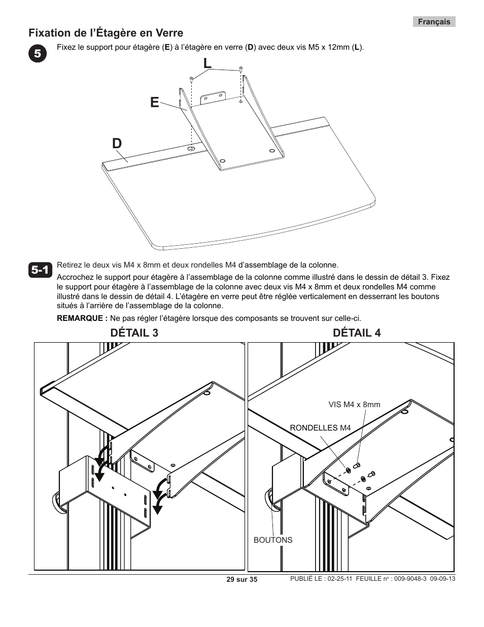 Le d, Détail 3 détail 4, 5fixation de l’étagère en verre | Peerless-AV SC550 - Installation User Manual | Page 29 / 35