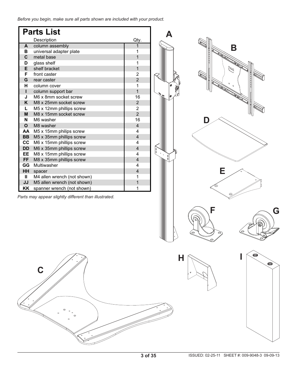 Parts list lista de piezas | Peerless-AV SC550 - Installation User Manual | Page 3 / 35