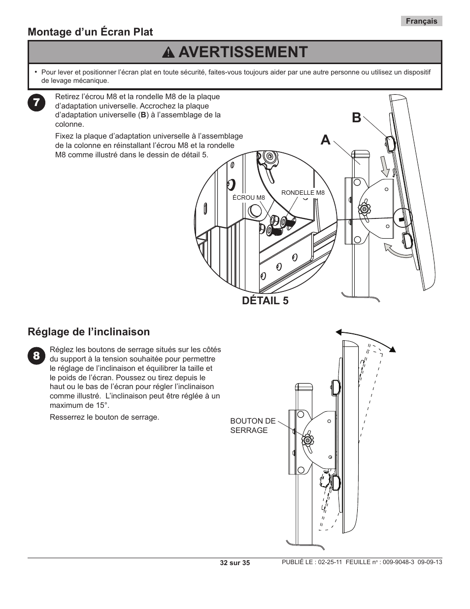 Avertissement, Montage d’un écran plat réglage de l’inclinaison, Détail 5 | Peerless-AV SC550 - Installation User Manual | Page 32 / 35