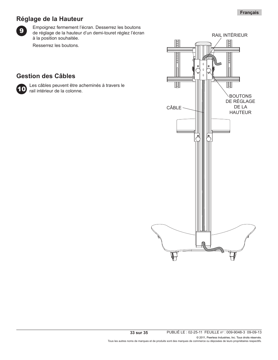 Réglage de la hauteur gestion des câbles | Peerless-AV SC550 - Installation User Manual | Page 33 / 35