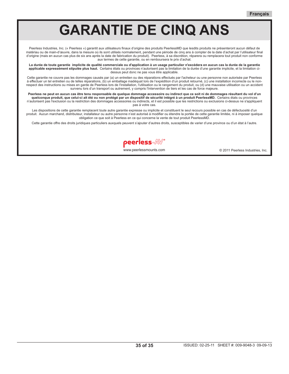 Garantie de cinq ans | Peerless-AV SC550 - Installation User Manual | Page 35 / 35