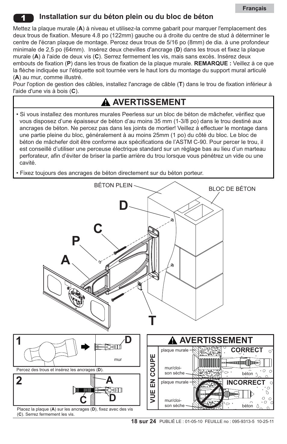 Ta d p c, Ad c, Avertissement | Peerless-AV SLAMU - Installation User Manual | Page 18 / 24