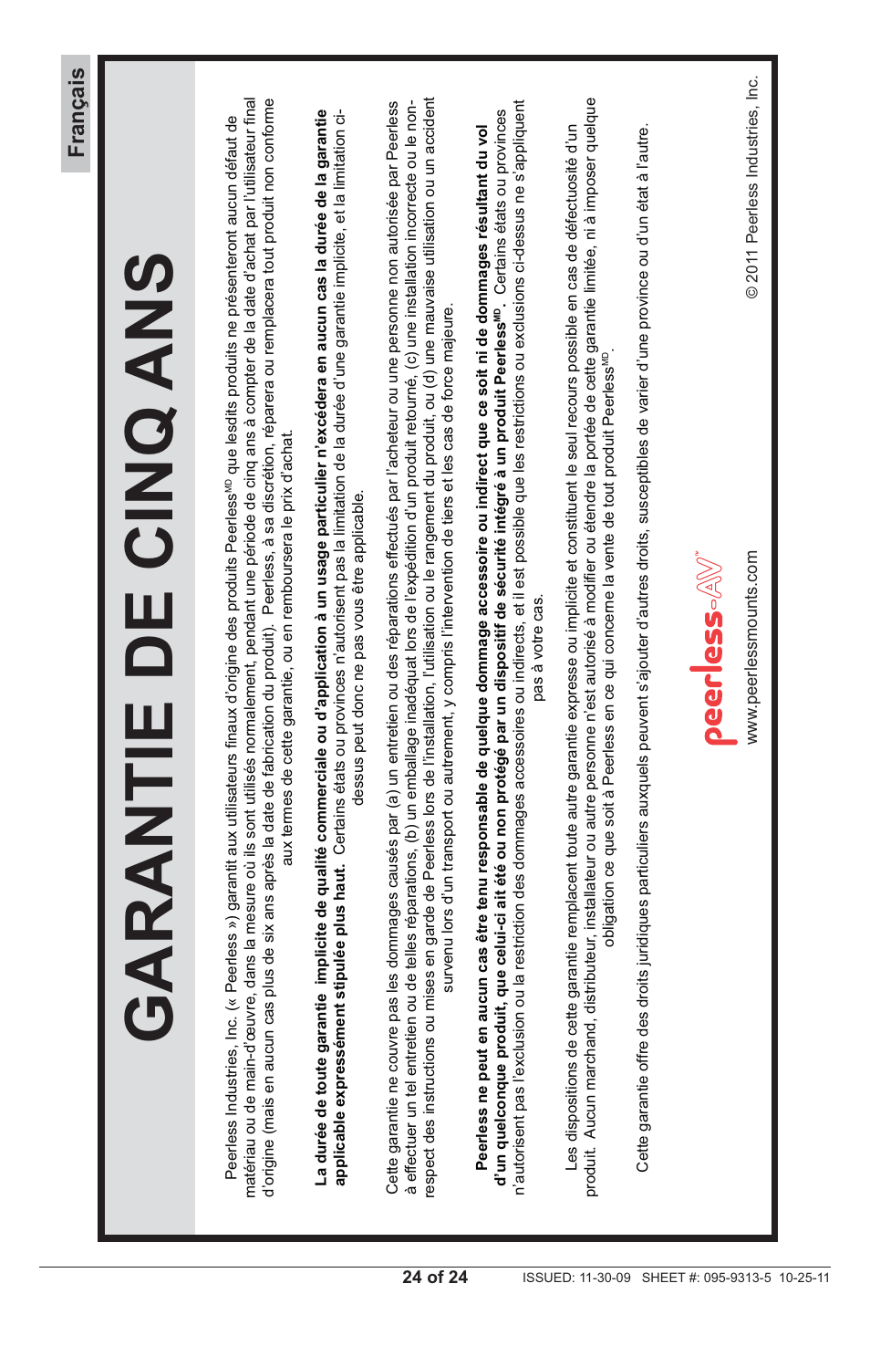 Garantie de cinq ans, Français | Peerless-AV SLAMU - Installation User Manual | Page 24 / 24