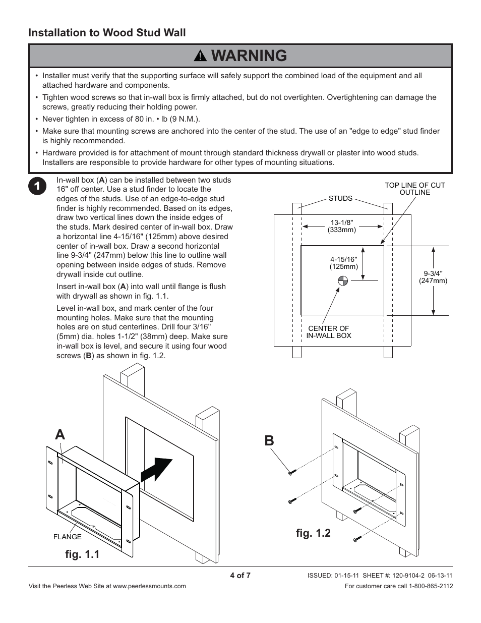 Warning, Installation to wood stud wall 1, Fi g. 1.1 | Fi g. 1.2 | Peerless-AV IBA2AC-W - Installation User Manual | Page 4 / 7