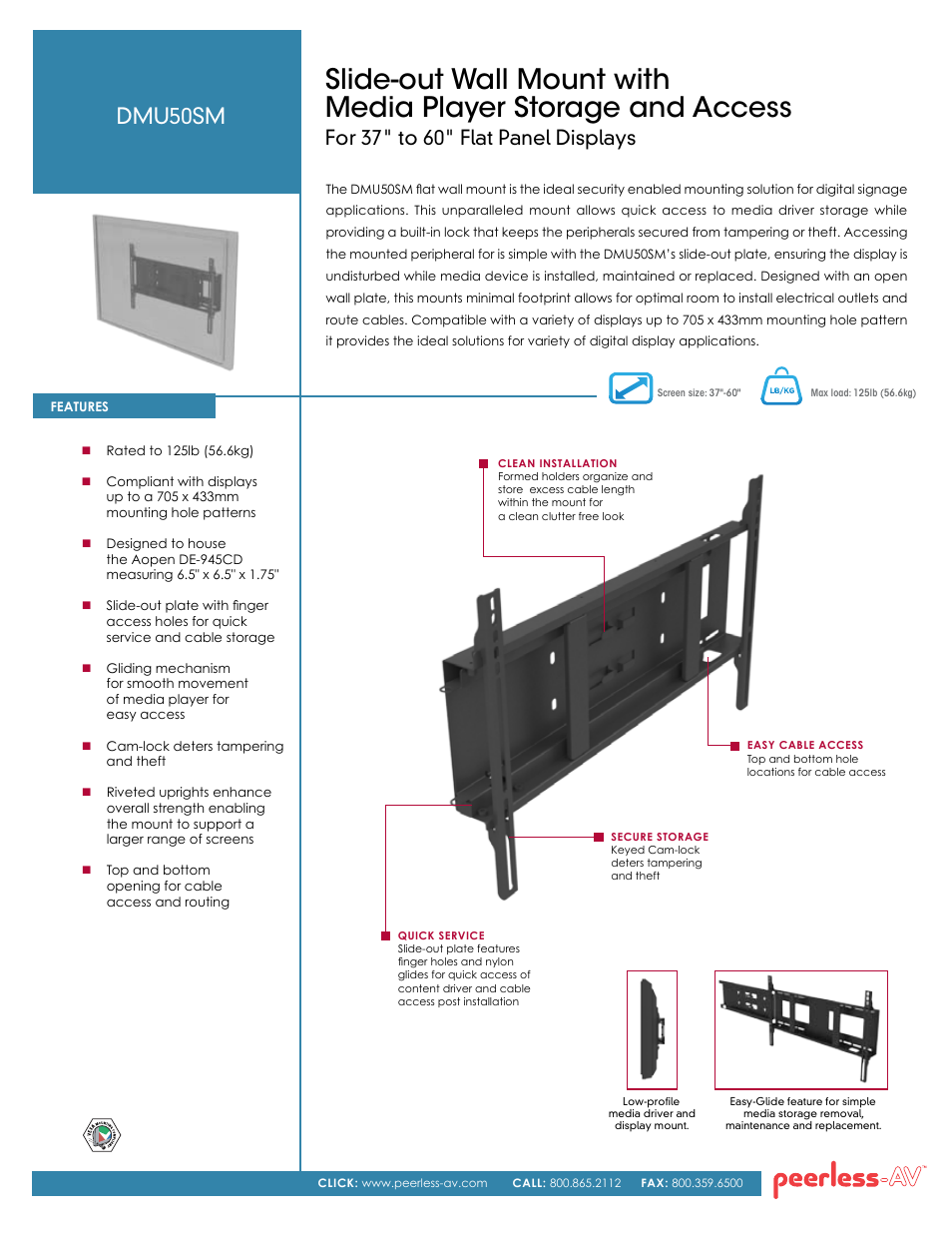 Peerless-AV DMU50SM  - Sell Sheet User Manual | 2 pages