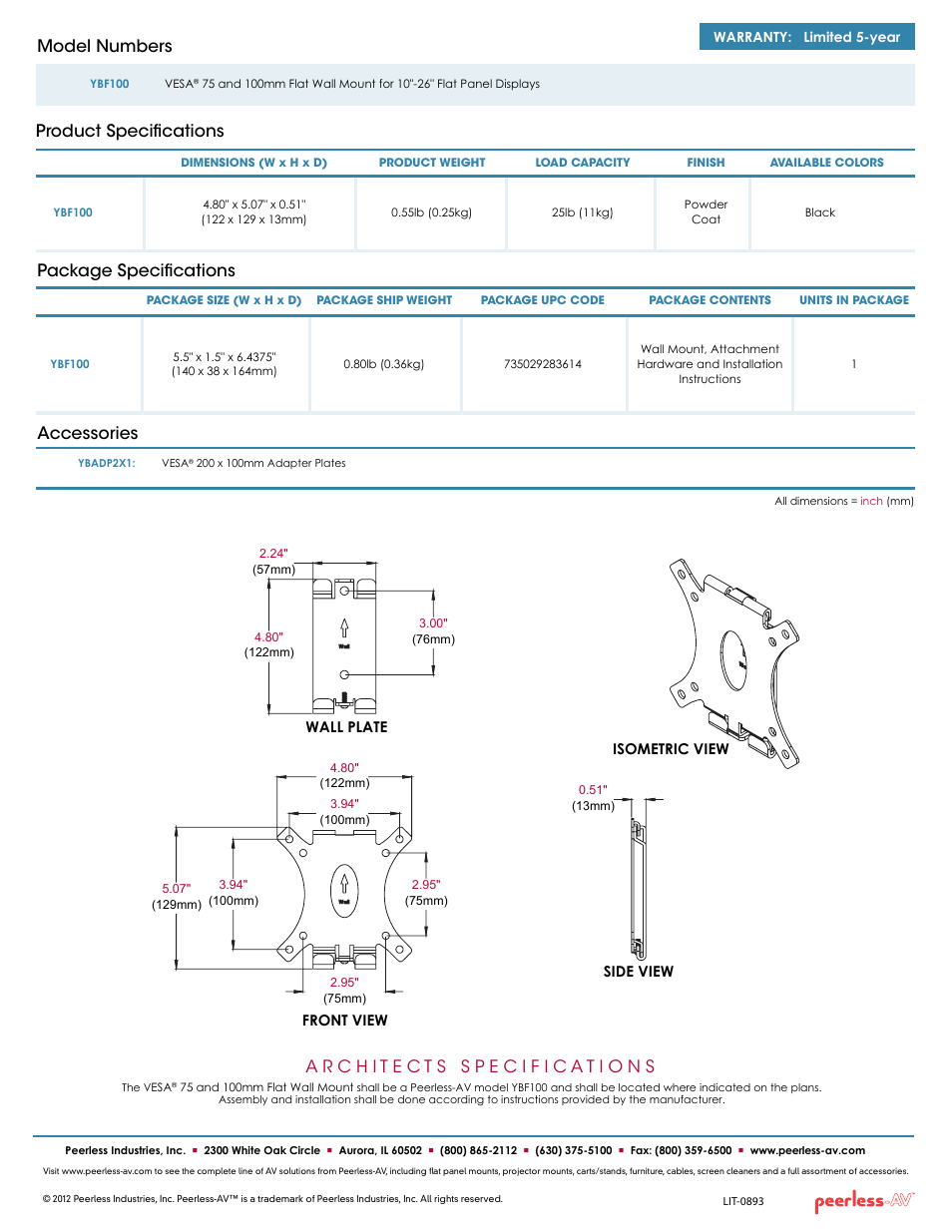 Package specifications, Product specifications model numbers, Accessories | Peerless-AV YBF100  - Sell Sheet User Manual | Page 2 / 2