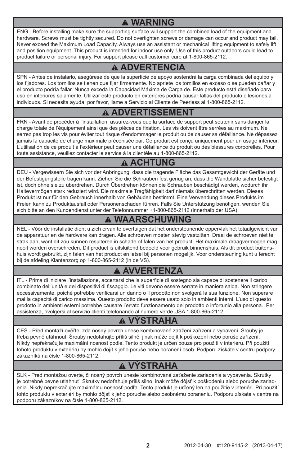 Warning, Advertissement, Advertencia | Achtung, Waarschuwing, Avvertenza, Výstraha | Peerless-AV MOD-FPMD - Installation User Manual | Page 2 / 12