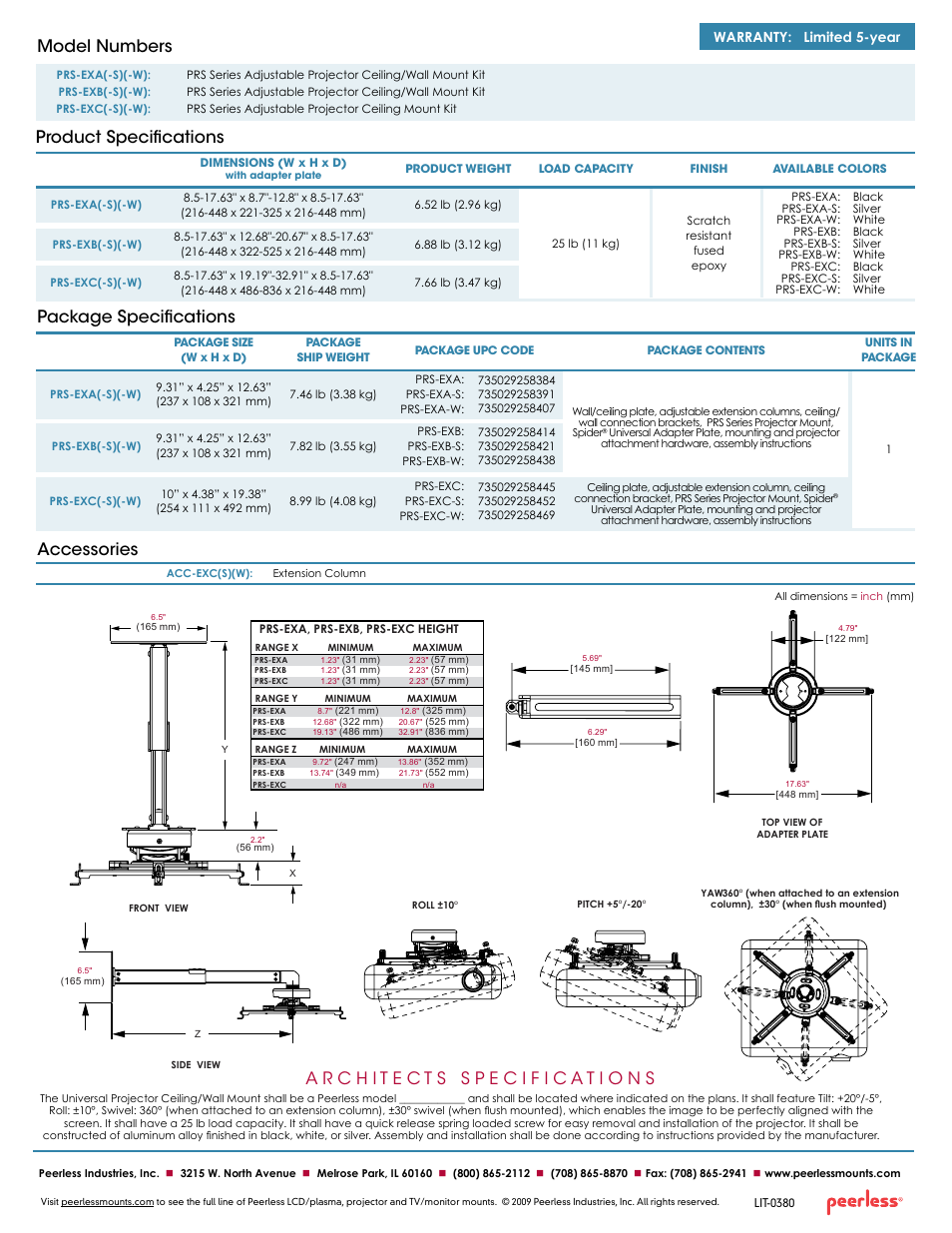 Package specifications accessories, Product specifications model numbers, Warranty: limited 5-year | Peerless-AV PRS-EXC-W  - Sell Sheet User Manual | Page 2 / 2