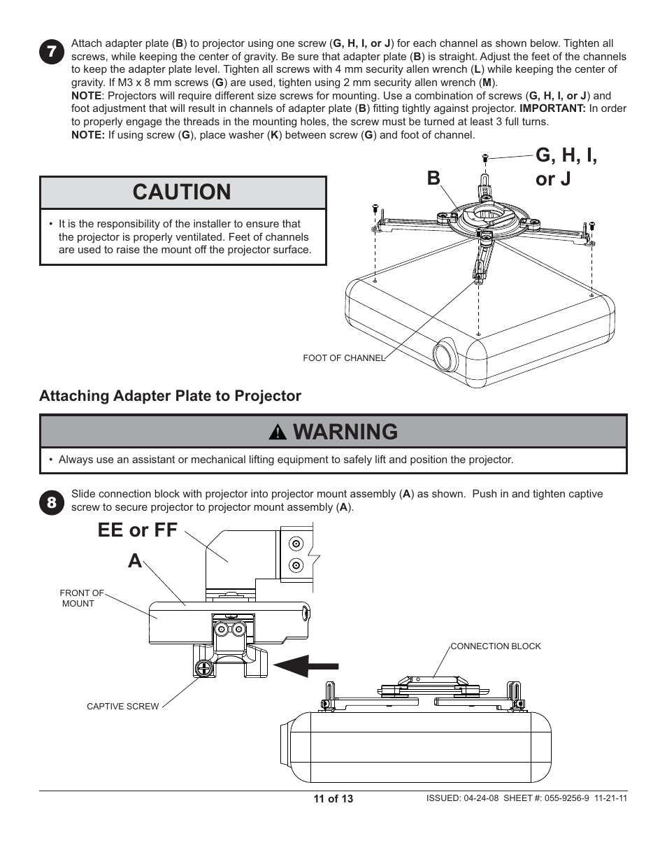 Caution, Warning, G, h, i, or j | Ee or ff | Peerless-AV PRS-EXC-W - Installation User Manual | Page 11 / 13