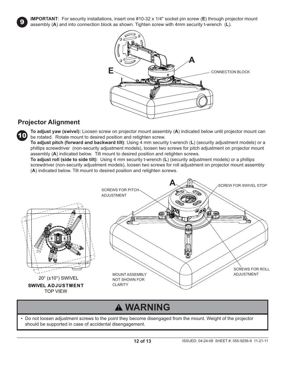 Warning, Ae a | Peerless-AV PRS-EXC-W - Installation User Manual | Page 12 / 13