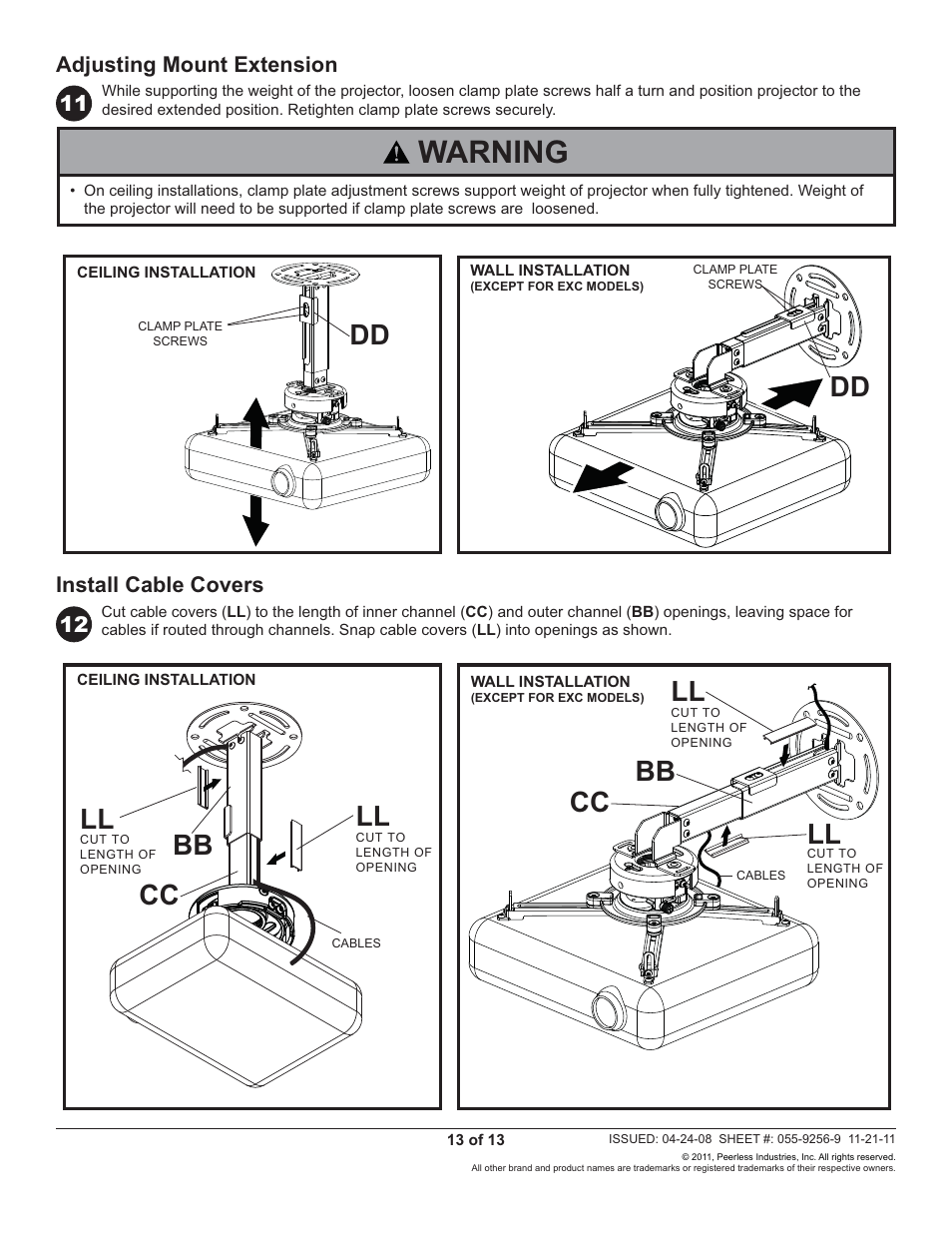 Warning, Ll bb cc bb cc | Peerless-AV PRS-EXC-W - Installation User Manual | Page 13 / 13