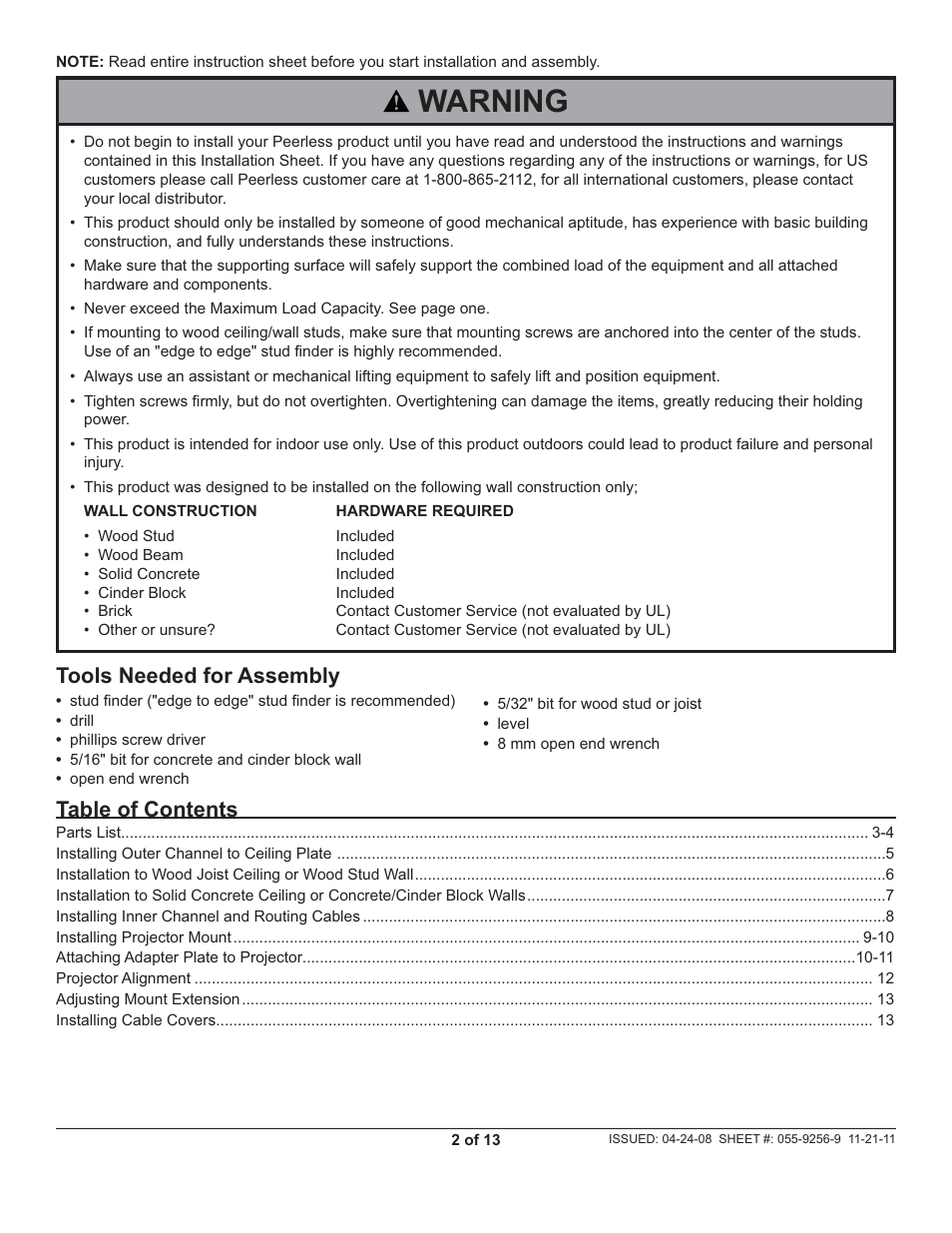 Peerless-AV PRS-EXC-W - Installation User Manual | Page 2 / 13