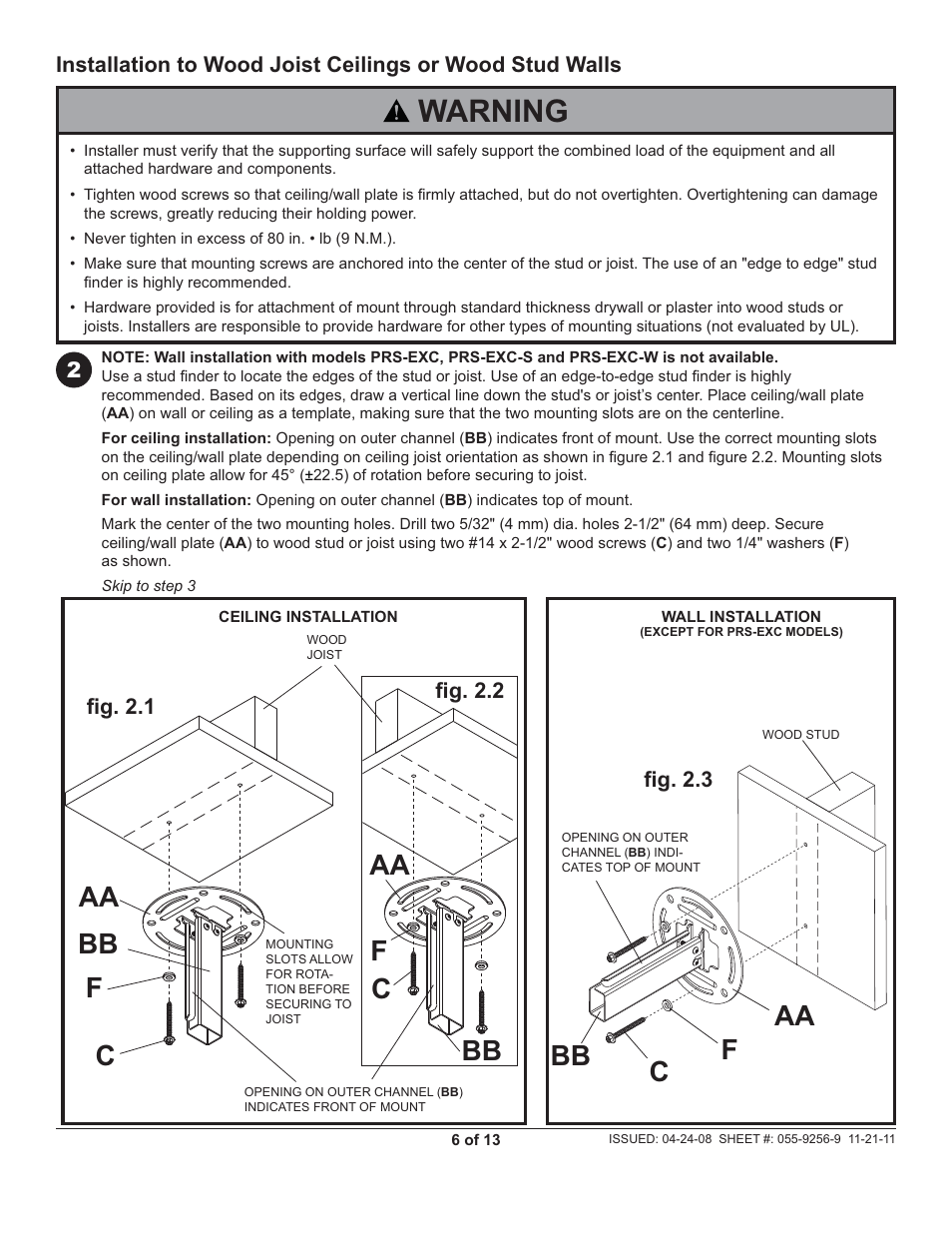 Warning, Aa c bb, Caa bb bb | Peerless-AV PRS-EXC-W - Installation User Manual | Page 6 / 13