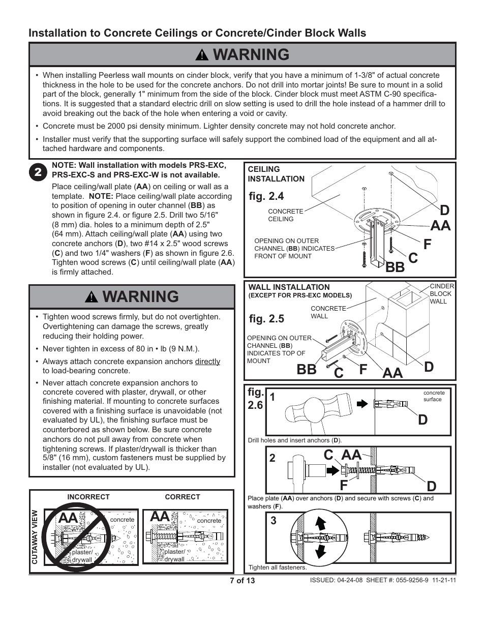 Warning, Dbb aa c c bb aa d, Aa d c | Peerless-AV PRS-EXC-W - Installation User Manual | Page 7 / 13