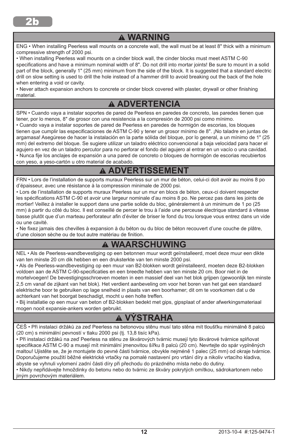 Warning, Waarschuwing, Advertissement | Advertencia, Výstraha | Peerless-AV DS-MB647L - Installation User Manual | Page 12 / 24