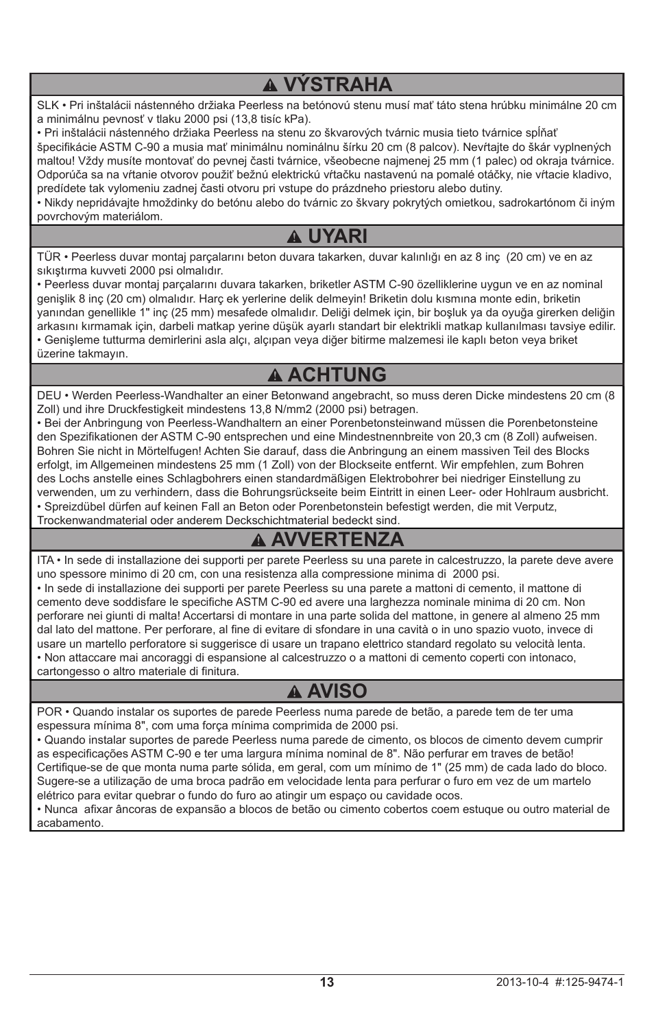Uyari, Aviso, Výstraha | Avvertenza, Achtung | Peerless-AV DS-MB647L - Installation User Manual | Page 13 / 24