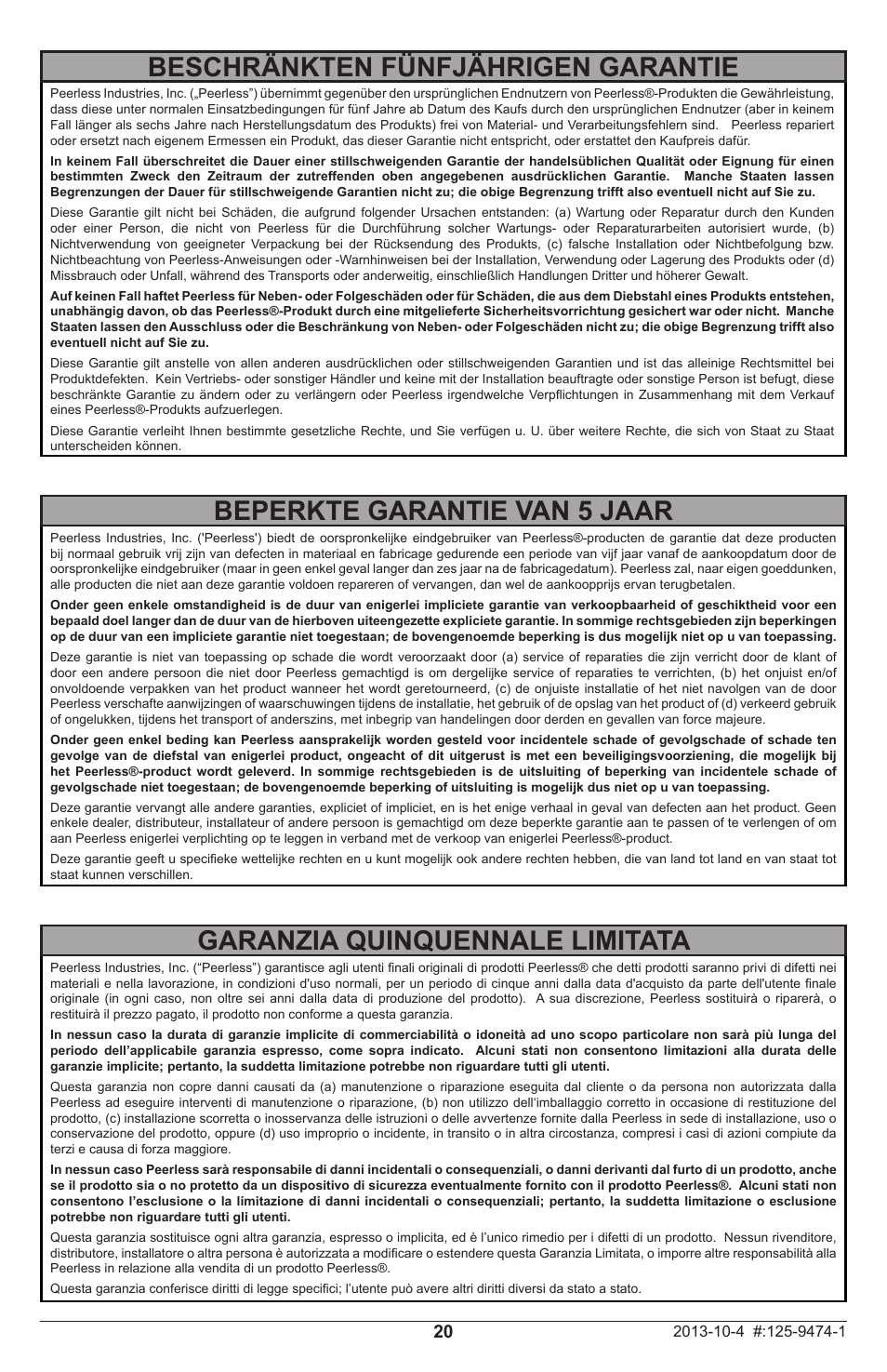 Beperkte garantie van 5 jaar, Garanzia quinquennale limitata, Beschränkten fünfjährigen garantie | Peerless-AV DS-MB647L - Installation User Manual | Page 20 / 24