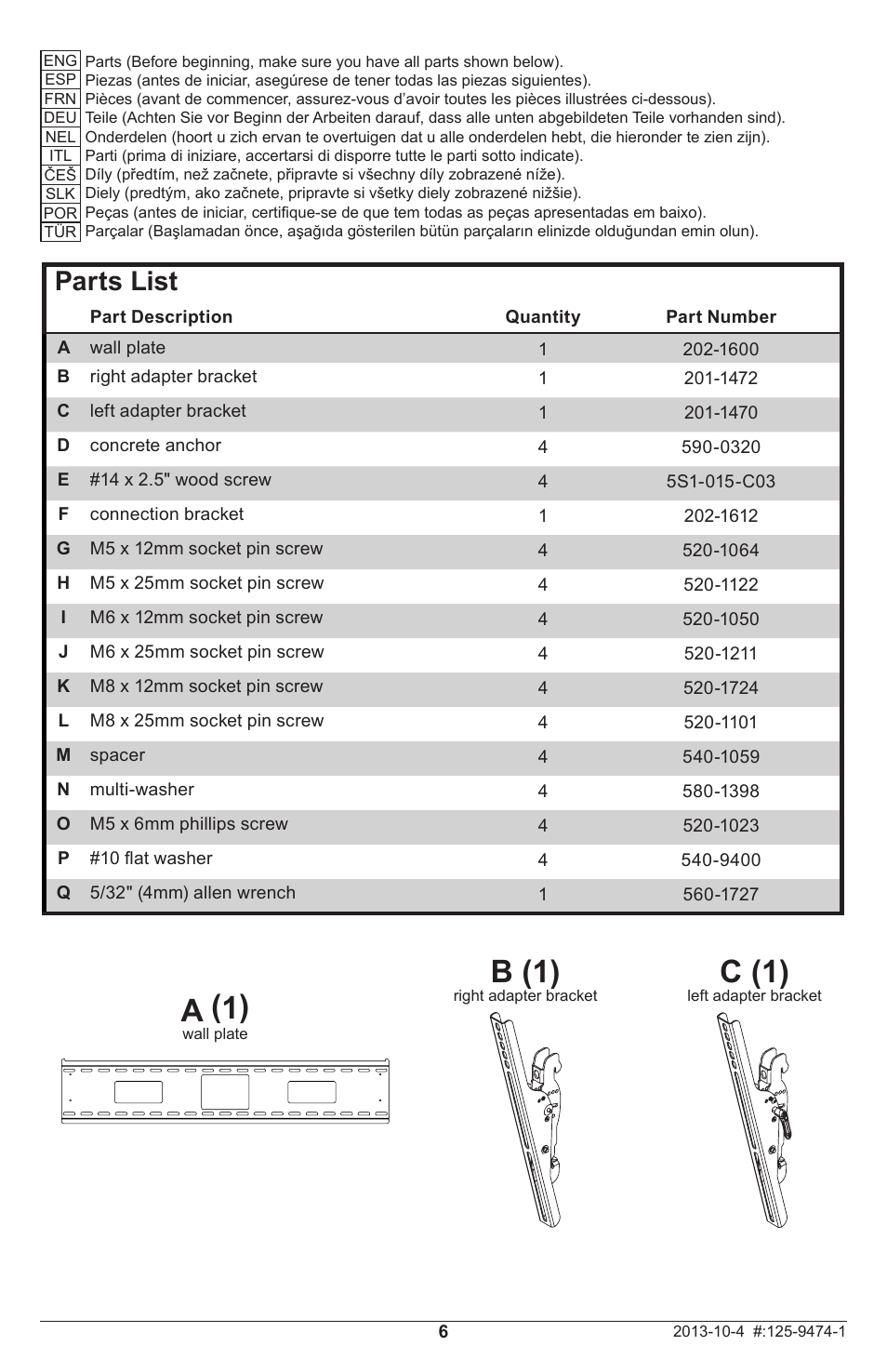 B (1), C (1), A (1) | Parts list | Peerless-AV DS-MB647L - Installation User Manual | Page 6 / 24