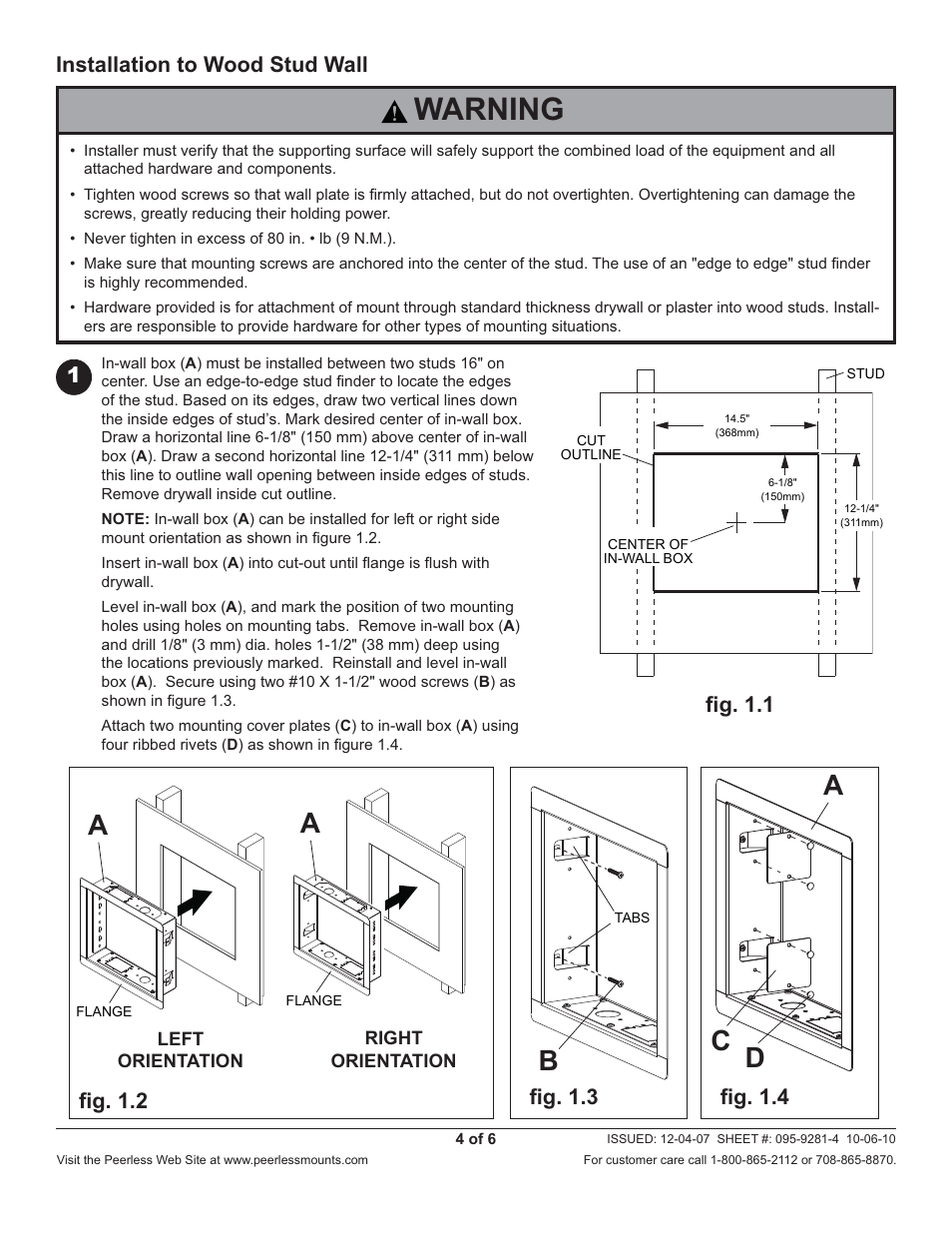 Warning, Db a a, Installation to wood stud wall 1 | Fi g. 1.4 | Peerless-AV IB40-W - Installation User Manual | Page 4 / 6