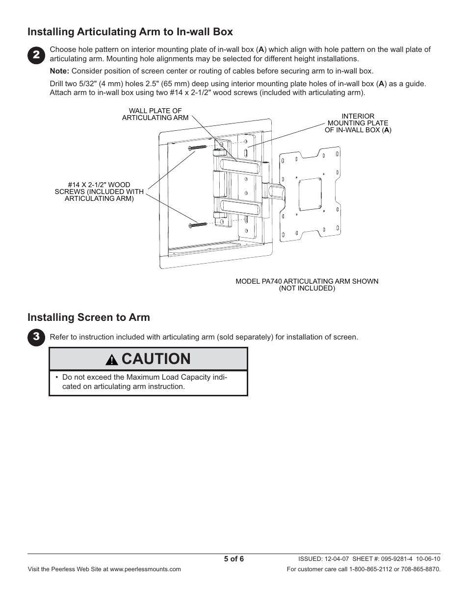 Caution, Installing articulating arm to in-wall box, 2installing screen to arm | Peerless-AV IB40-W - Installation User Manual | Page 5 / 6
