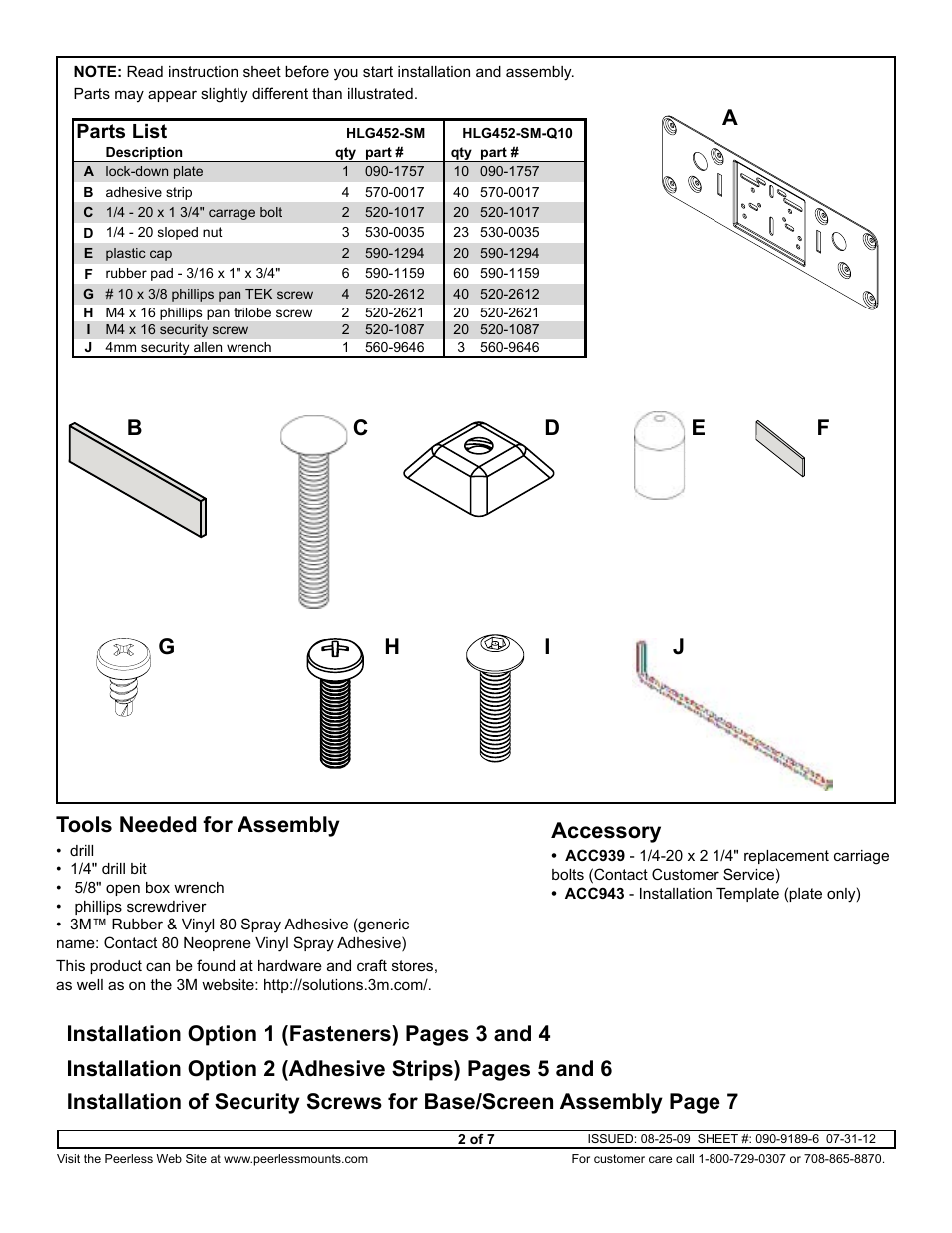 Bf e g tools needed for assembly, Accessory, Parts list | Peerless-AV HLG452-SM-Q10 - Installation User Manual | Page 2 / 7