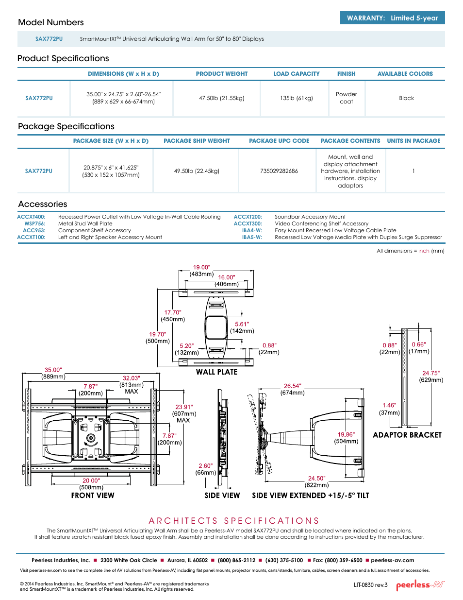 Package specifications accessories, Product specifications model numbers, Warranty: limited 5-year | Peerless-AV SAX772PU  - Sell Sheet User Manual | Page 2 / 2