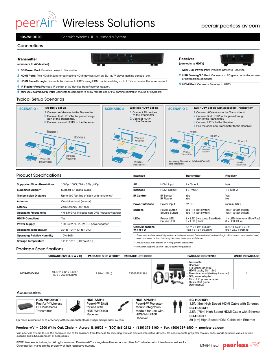 Wireless solutions, Accessories, Package specifications | Product specifications connections, Typical setup scenarios | Peerless-AV HDS-WHDI100  - Sell Sheet User Manual | Page 2 / 2