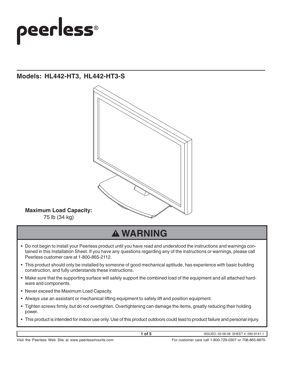 Peerless-AV HL442-HT3-S - Installation User Manual | 5 pages