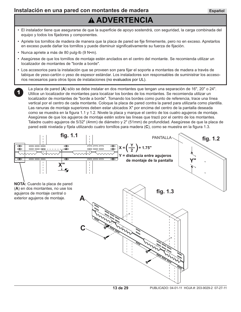 Advertencia, Fi g. 1.3, Fi g. 1.2 | Y" fi g. 1.1, 1instalación en una pared con montantes de madera | Peerless-AV SUF661 - Installation User Manual | Page 13 / 29