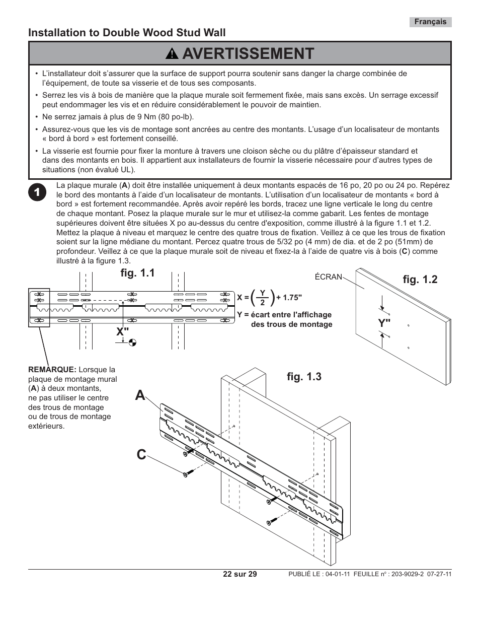 Avertissement, Installation to double wood stud wall, Fi g. 1.2 | Y" x | Peerless-AV SUF661 - Installation User Manual | Page 22 / 29