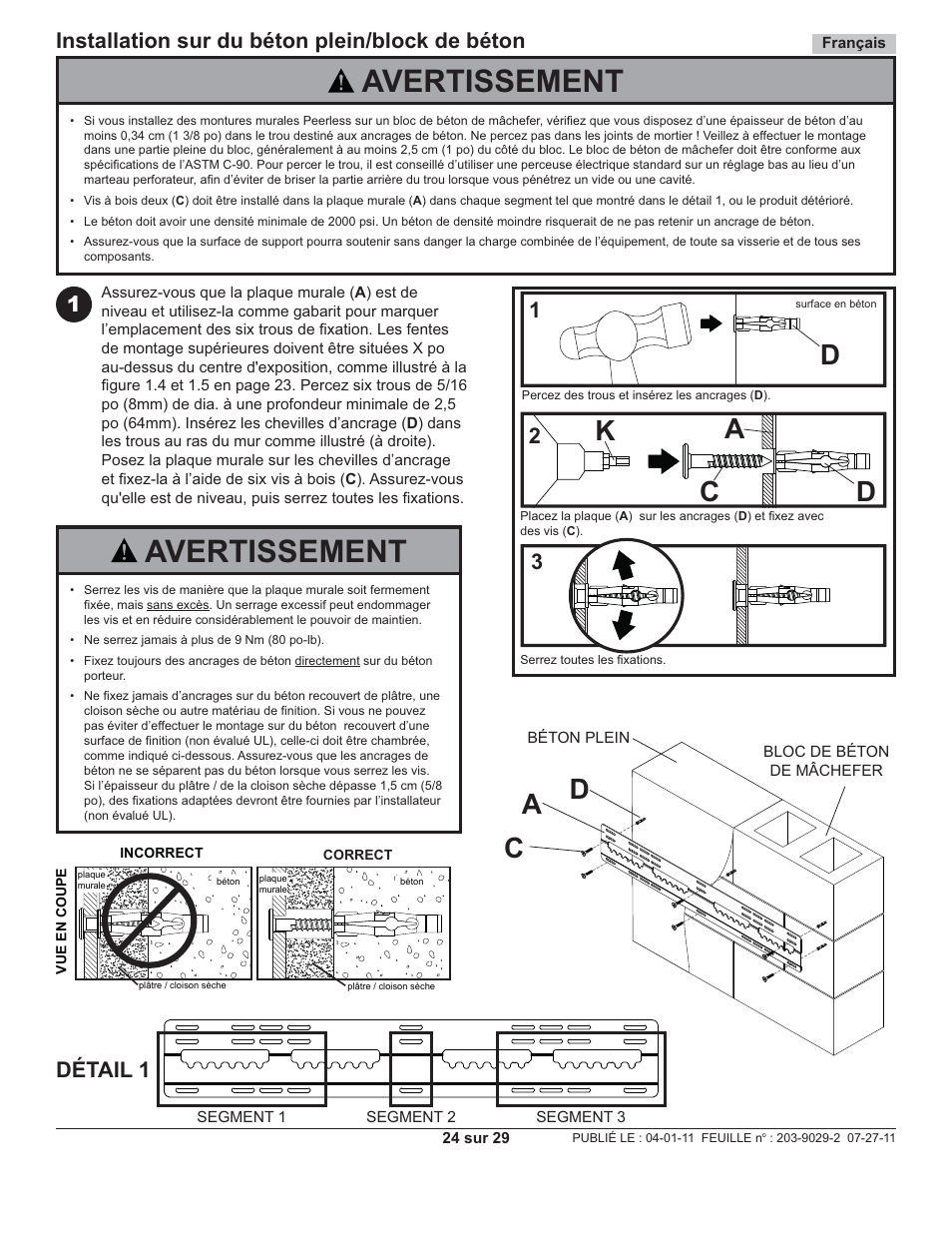 Avertissement, Da k d c, Da c | 1installation sur du béton plein/block de béton, Détail 1 | Peerless-AV SUF661 - Installation User Manual | Page 24 / 29