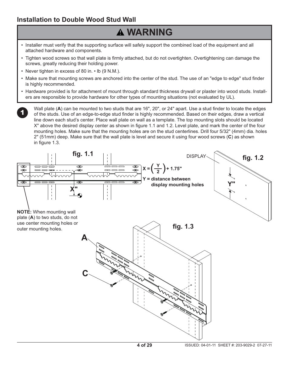 Warning, Installation to double wood stud wall, Fi g. 1.2 | Y" x | Peerless-AV SUF661 - Installation User Manual | Page 4 / 29