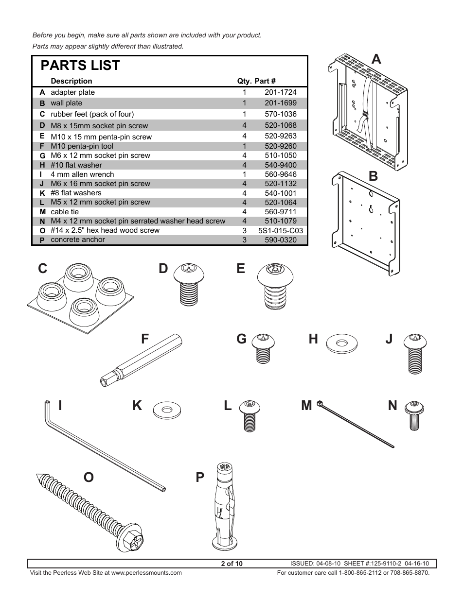 Parts list | Peerless-AV DSX750 - Installation User Manual | Page 2 / 10