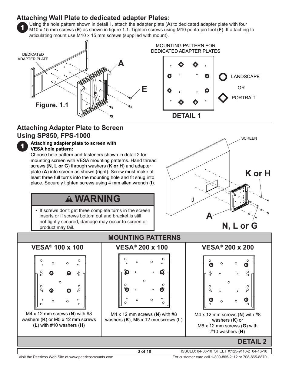 Warning, N, l or g k or h, Vesa | Detail 2, Detail 1, Figure. 1.1, 1attaching wall plate to dedicated adapter plates | Peerless-AV DSX750 - Installation User Manual | Page 3 / 10