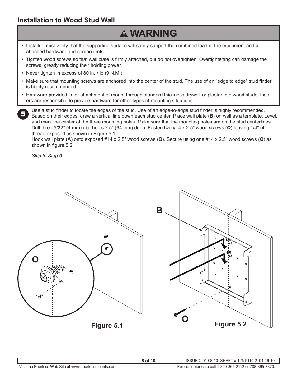 Warning, Bo o, Installation to wood stud wall | Figure 5.1 figure 5.2 | Peerless-AV DSX750 - Installation User Manual | Page 8 / 10