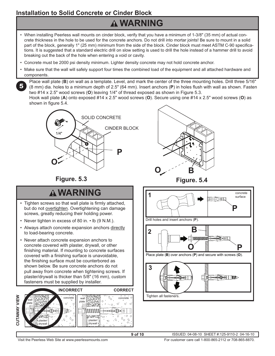 Warning, Bp o, Bo o p | Installation to solid concrete or cinder block, Figure. 5.3 figure. 5.4 | Peerless-AV DSX750 - Installation User Manual | Page 9 / 10