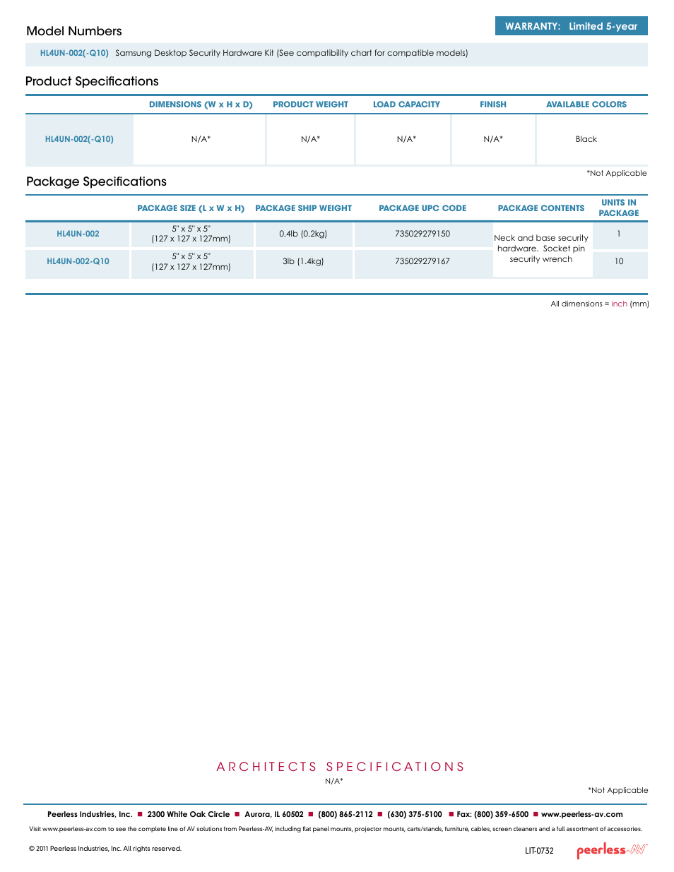 Product specifications model numbers, Package specifications | Peerless-AV HL4UN-002-Q10  - Sell Sheet User Manual | Page 2 / 2