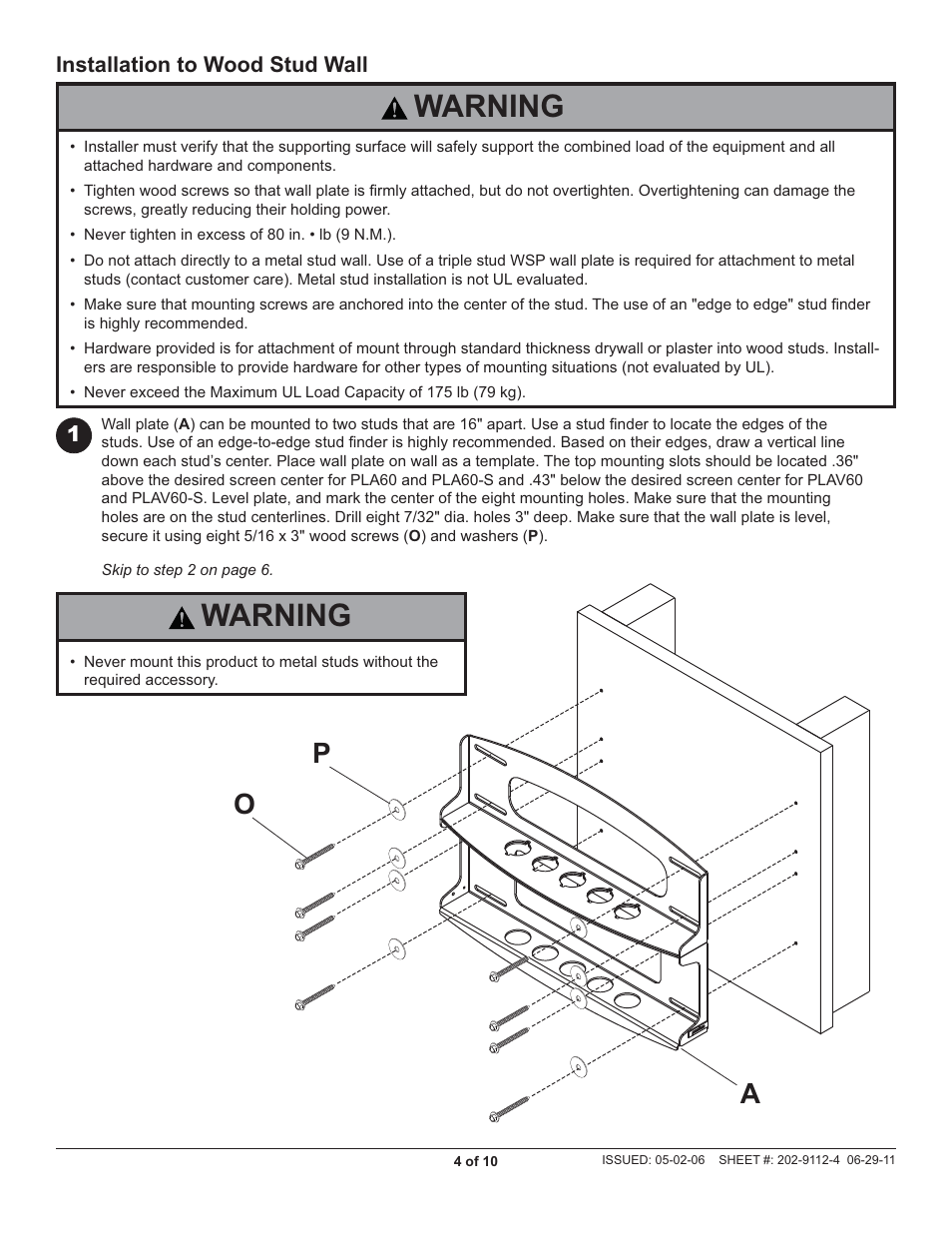 Warning, Ao p | Peerless-AV PLAV60 - Installation User Manual | Page 4 / 10