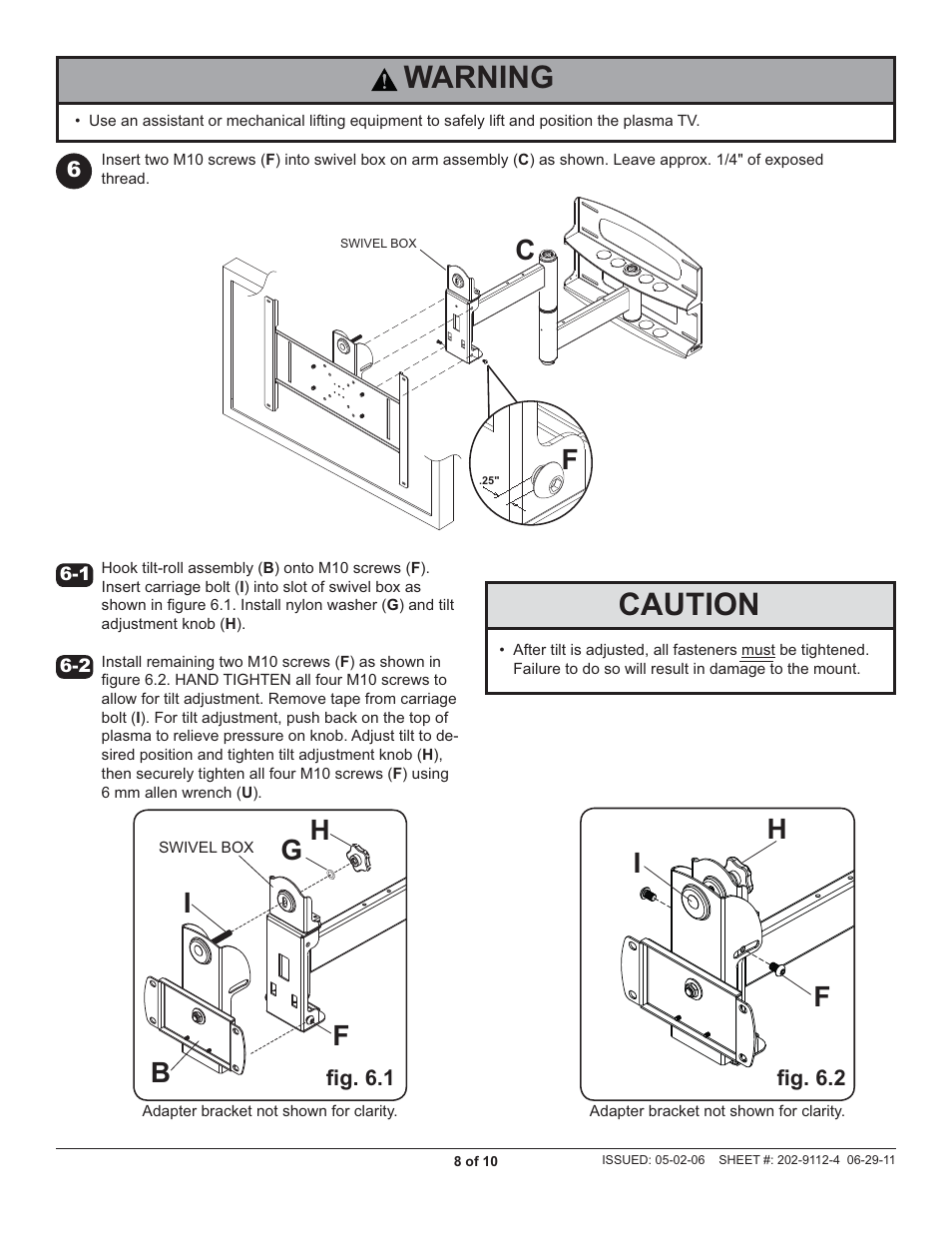 Warning, Caution | Peerless-AV PLAV60 - Installation User Manual | Page 8 / 10