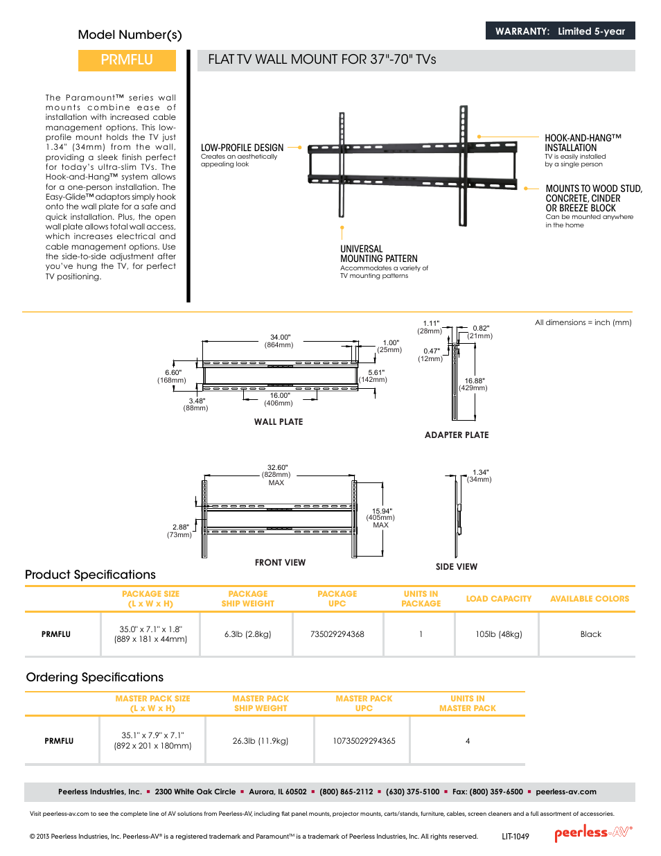 Prmflu, Flat tv wall mount for 37"-70" tvs, Model number(s) | Ordering specifications, Product specifications | Peerless-AV PRMFLU  - Sell Sheet User Manual | Page 2 / 2