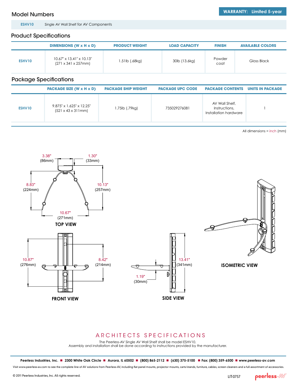 Package specifications, Product specifications model numbers | Peerless-AV ESHV10  - Sell Sheet User Manual | Page 2 / 2