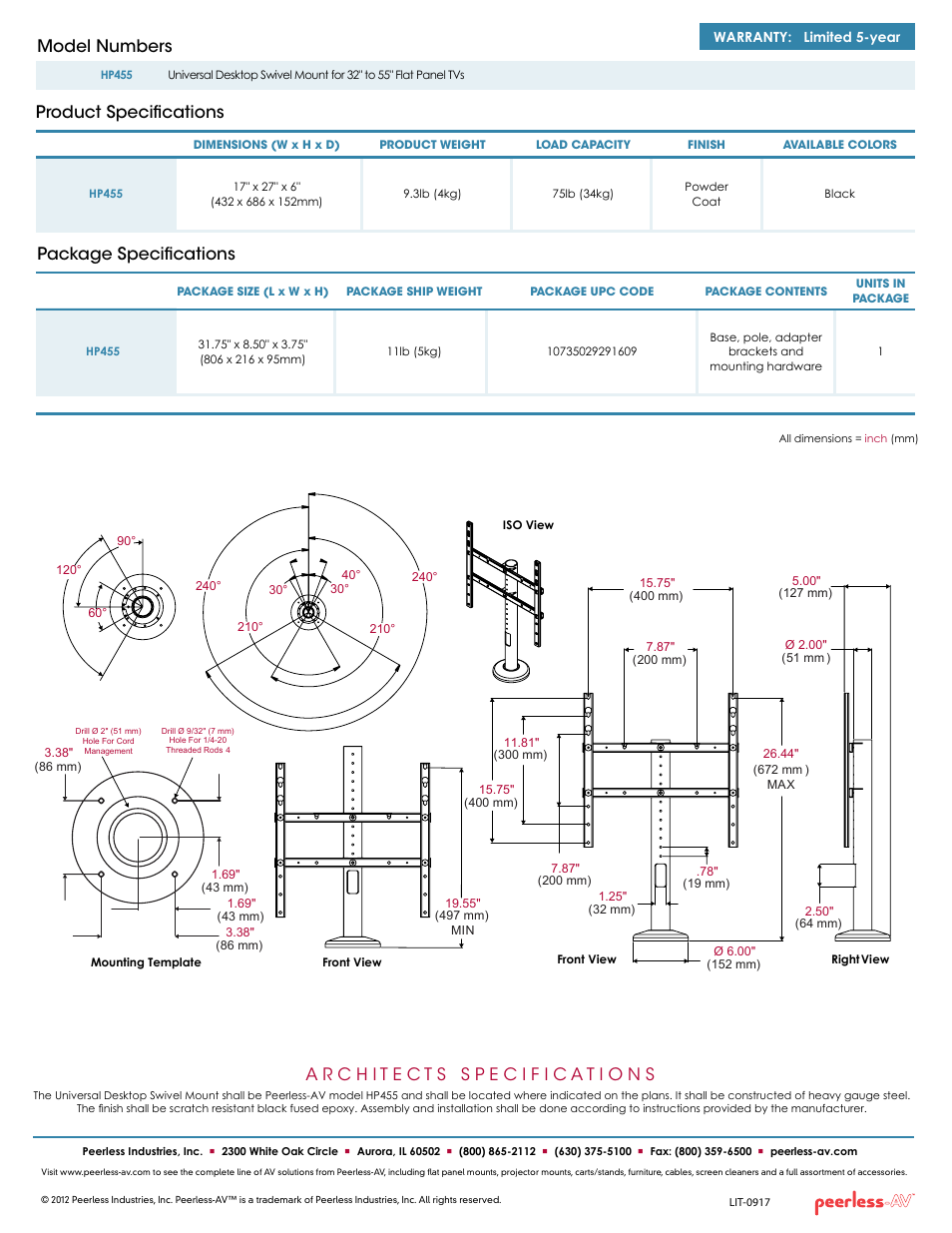 Package specifications, Product specifications model numbers | Peerless-AV HP455  - Sell Sheet User Manual | Page 2 / 2