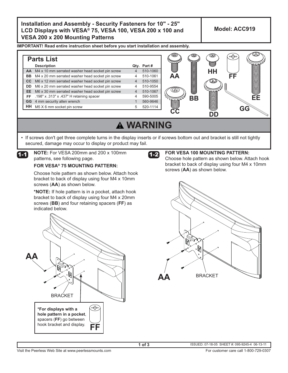 Peerless-AV ACC919 - Installation User Manual | 3 pages