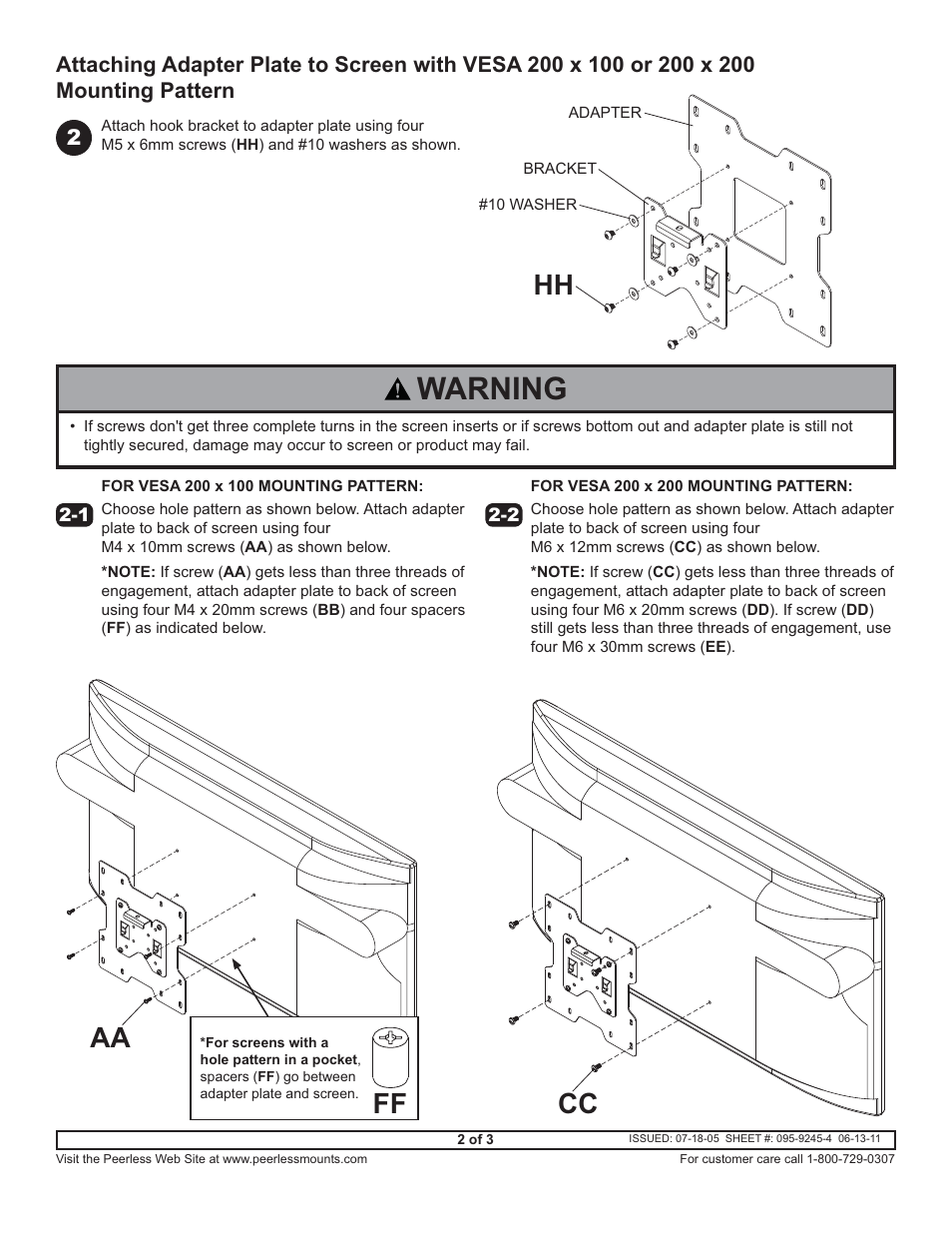 Warning, Hh aa cc | Peerless-AV ACC919 - Installation User Manual | Page 2 / 3